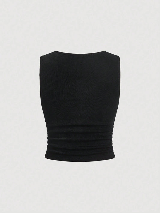 Chic Black Draped Neckline Sleeveless Top