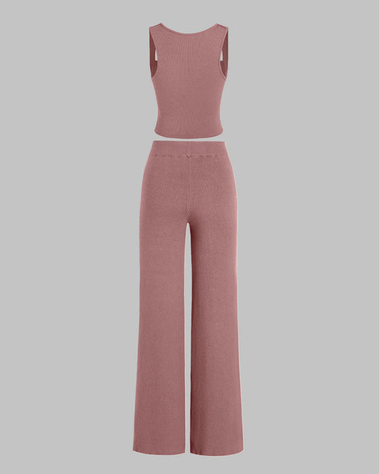 Stylish Pink Ribbed Crop Top and Wide-Leg Pants Set