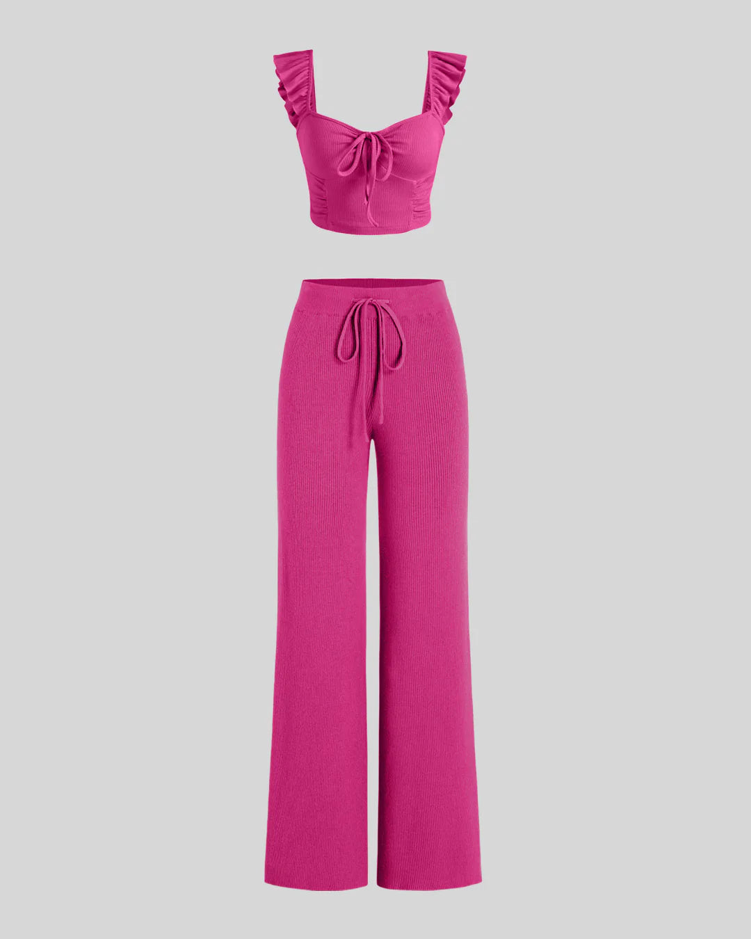 Hot Pink Ruched Crop Top and Wide-Leg Pants Set