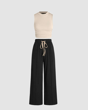 Beige Crop Top and Black Wide-Leg Pants Set