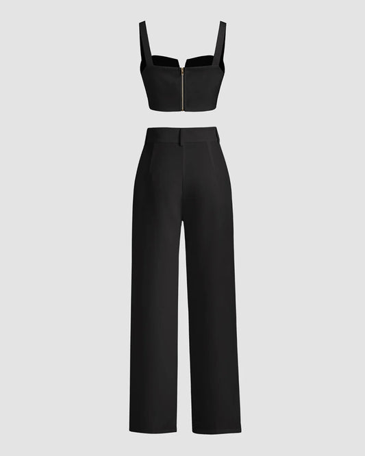 Stylish Black Crop Top and Wide-Leg Pants Set